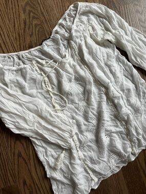 White Boho Peasant Blouse with Embroidered Eyelets